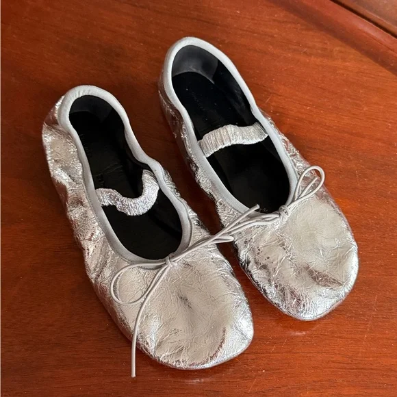 Proenza Schouler crunched up Silver Metallic Ballet Flats with Bow Detail 38 - Picture 3 of 9